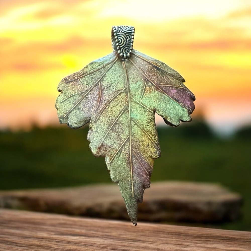 Custom made LEAF pendant in resin with silver bale green copper lightweight